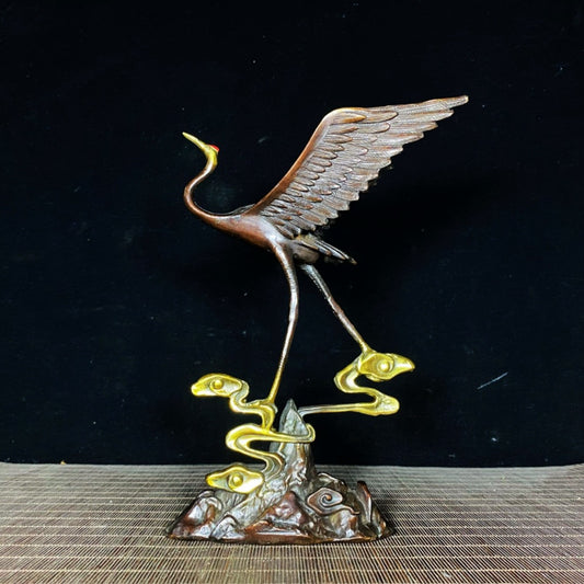 Pure copper gilded gold painted with colorful fairy cranes, red crowned cranes stepping on auspicious clouds