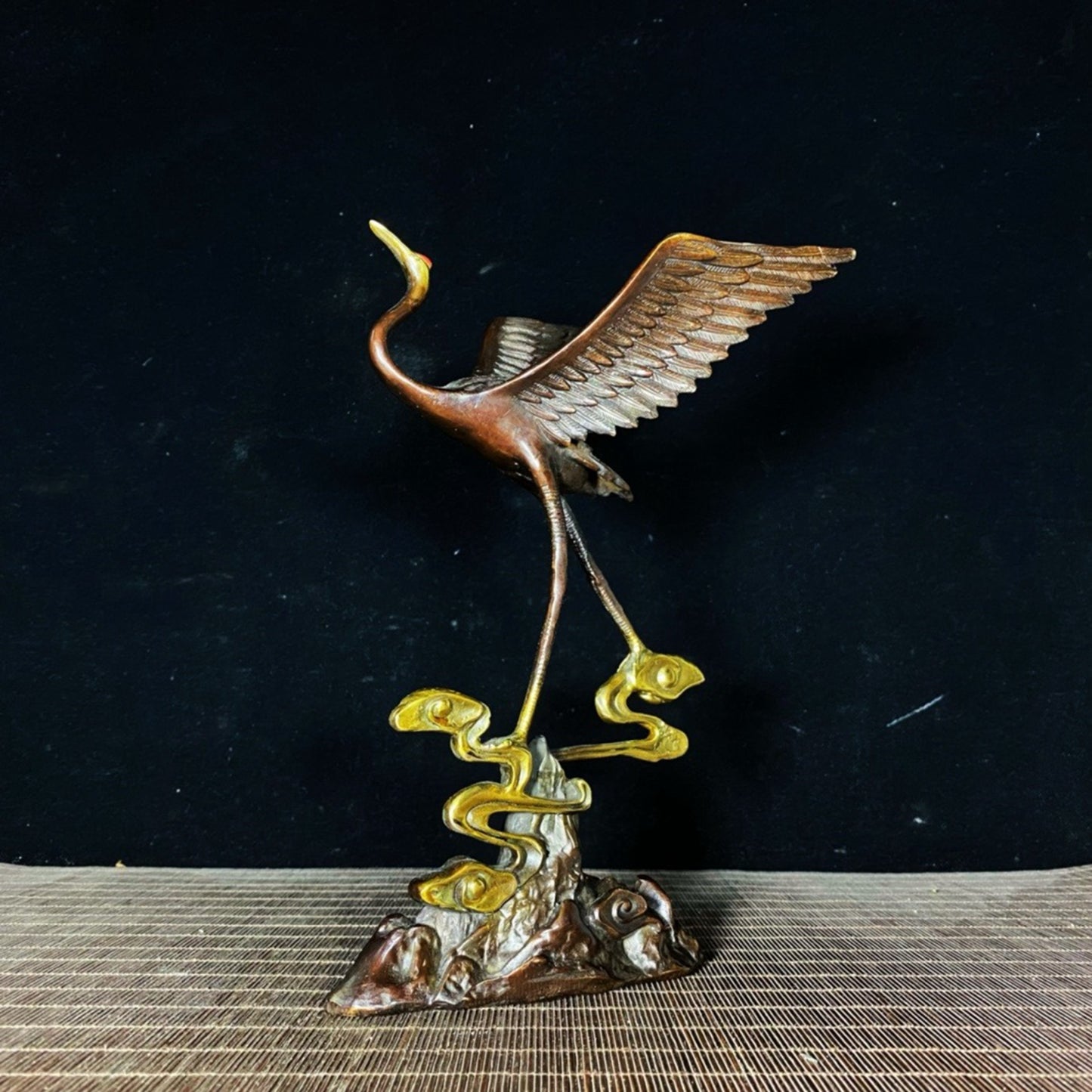 Pure copper gilded gold painted with colorful fairy cranes, red crowned cranes stepping on auspicious clouds