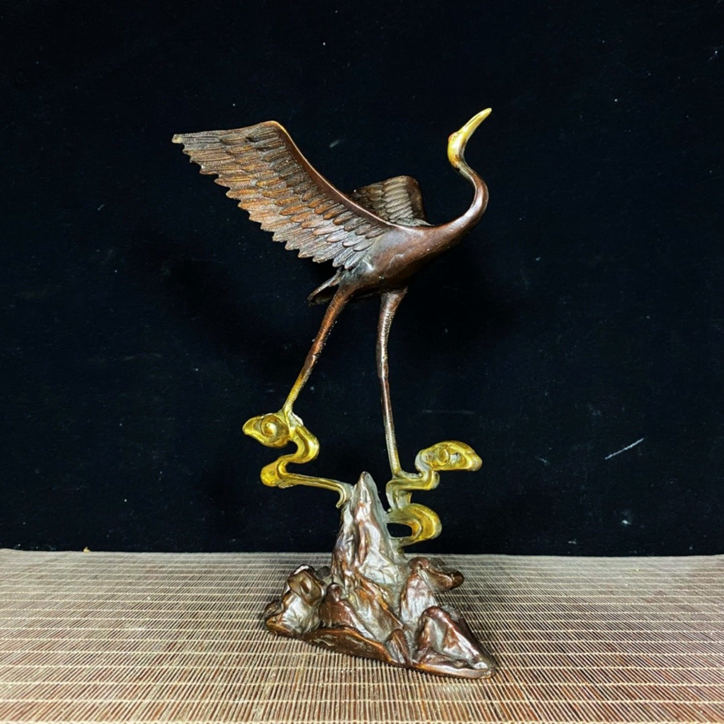 Pure copper gilded gold painted with colorful fairy cranes, red crowned cranes stepping on auspicious clouds