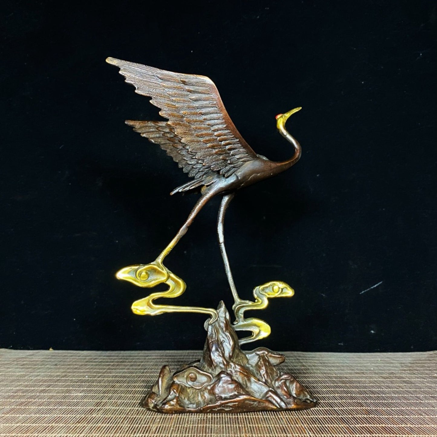 Pure copper gilded gold painted with colorful fairy cranes, red crowned cranes stepping on auspicious clouds