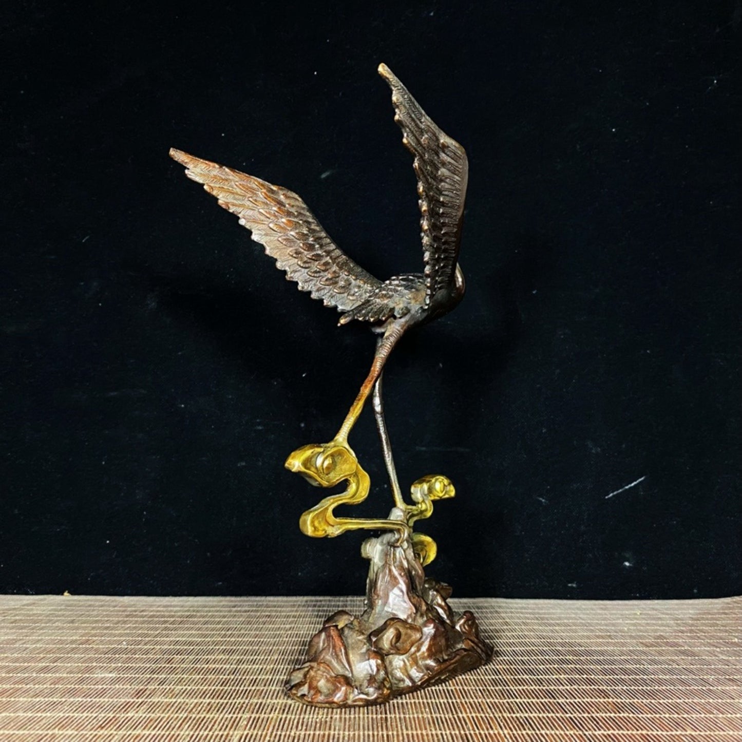 Pure copper gilded gold painted with colorful fairy cranes, red crowned cranes stepping on auspicious clouds