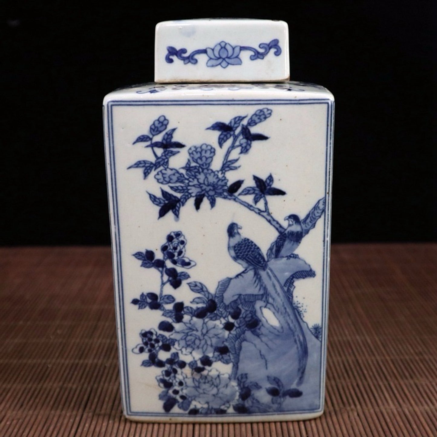 Blue and white flower and bird patterned square lid jar