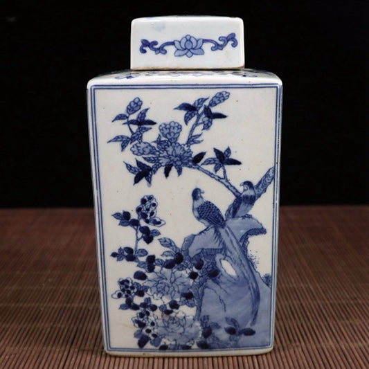 Blue and white flower and bird patterned square lid jar