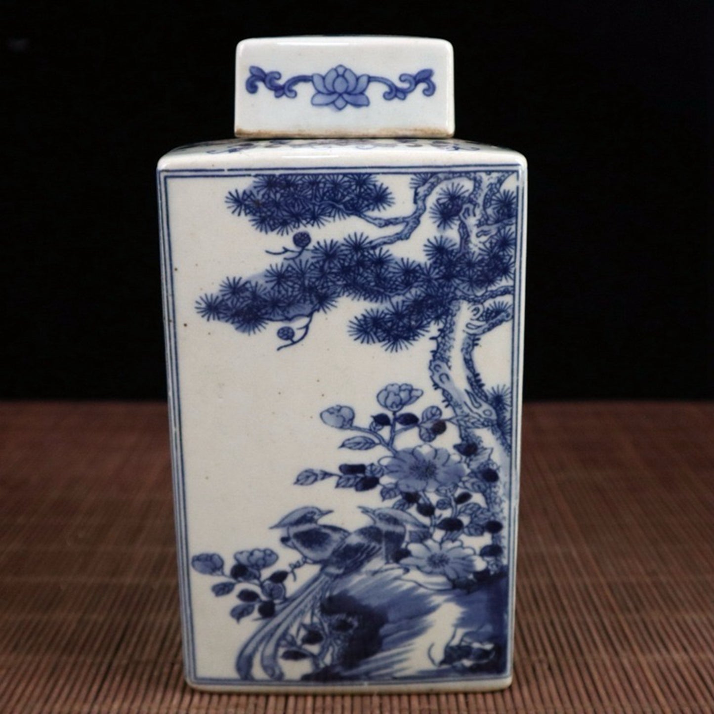 Blue and white flower and bird patterned square lid jar