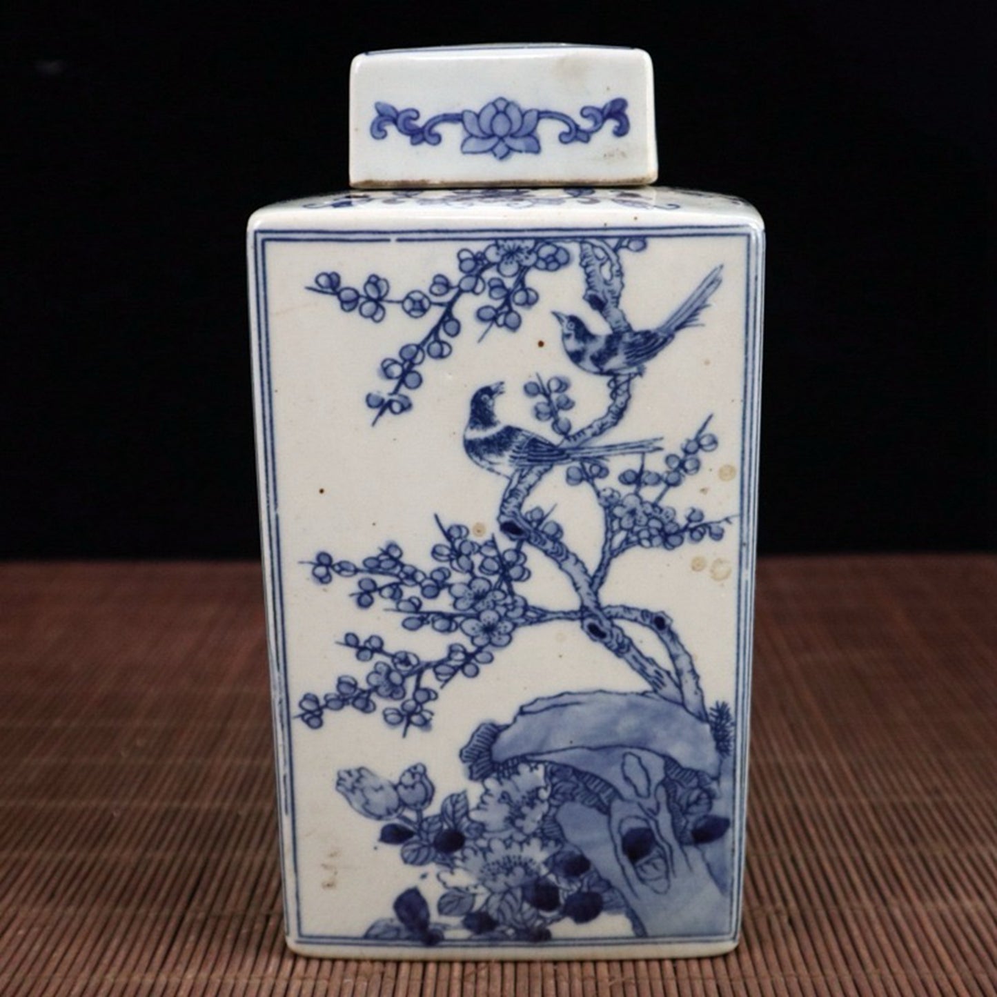 Blue and white flower and bird patterned square lid jar