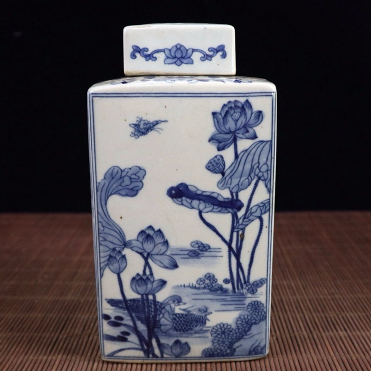 Blue and white flower and bird patterned square lid jar