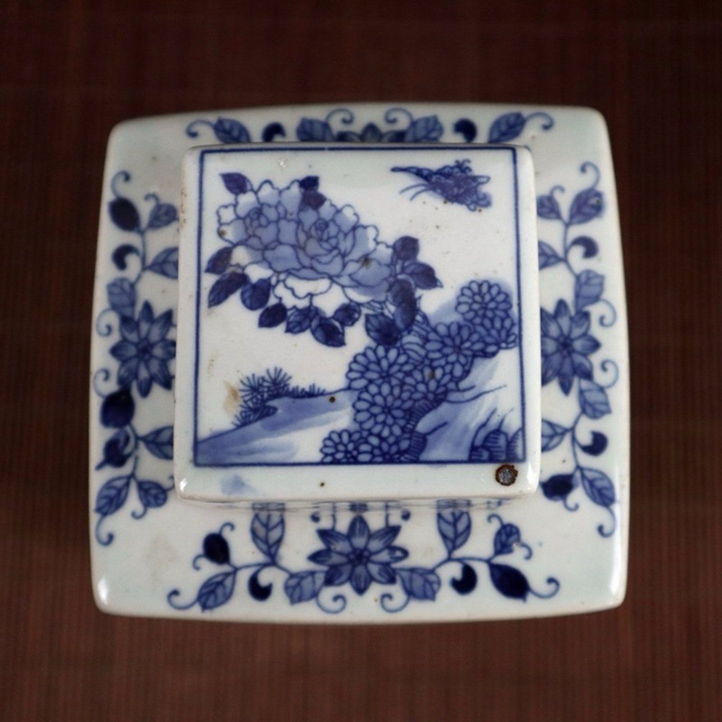 Blue and white flower and bird patterned square lid jar