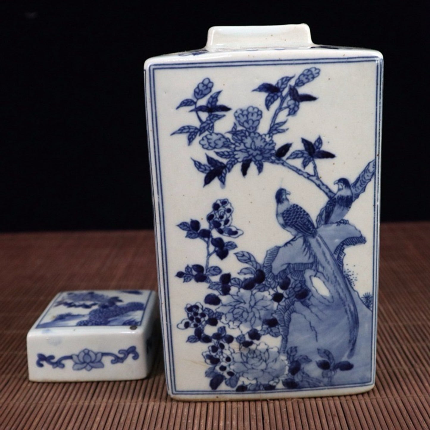Blue and white flower and bird patterned square lid jar