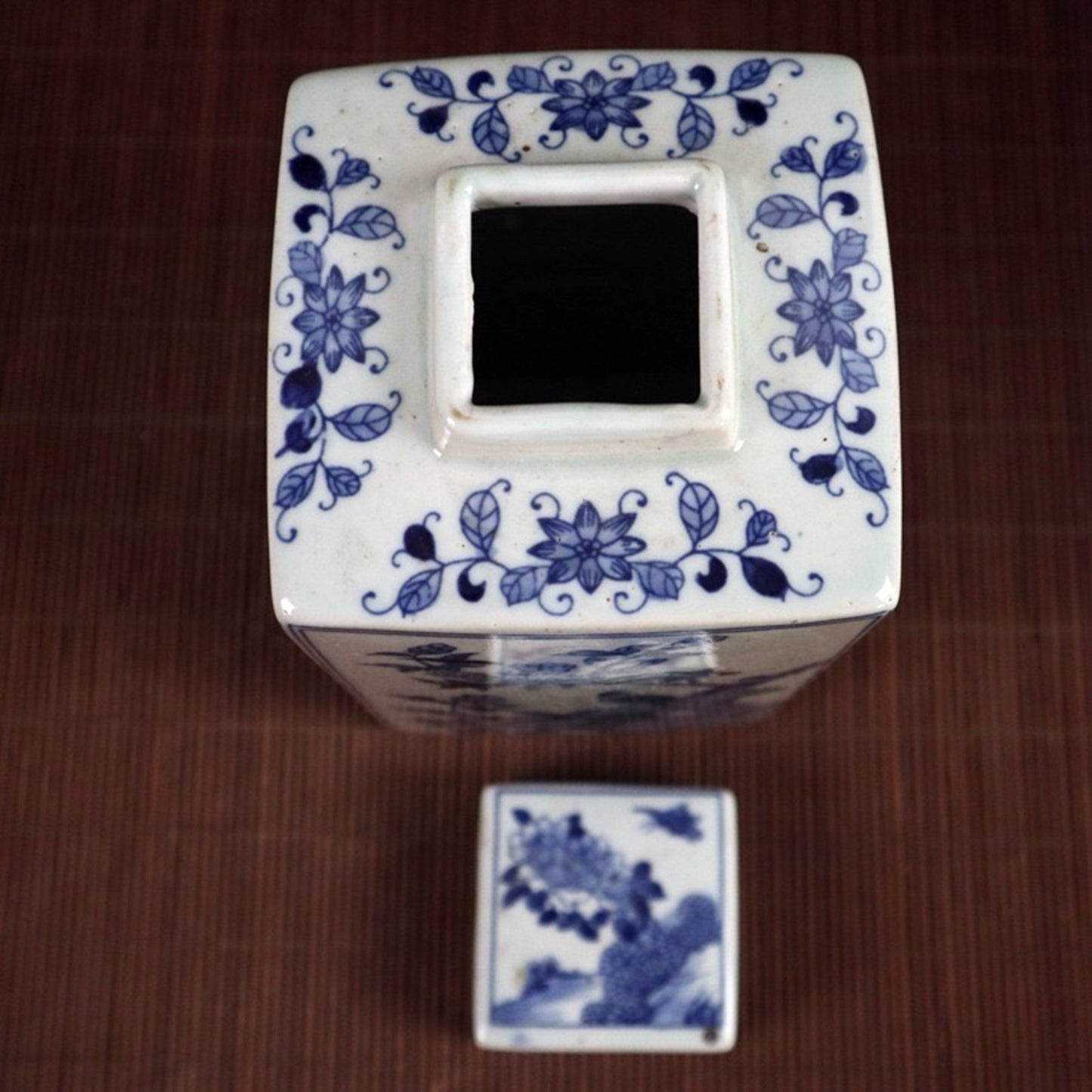Blue and white flower and bird patterned square lid jar