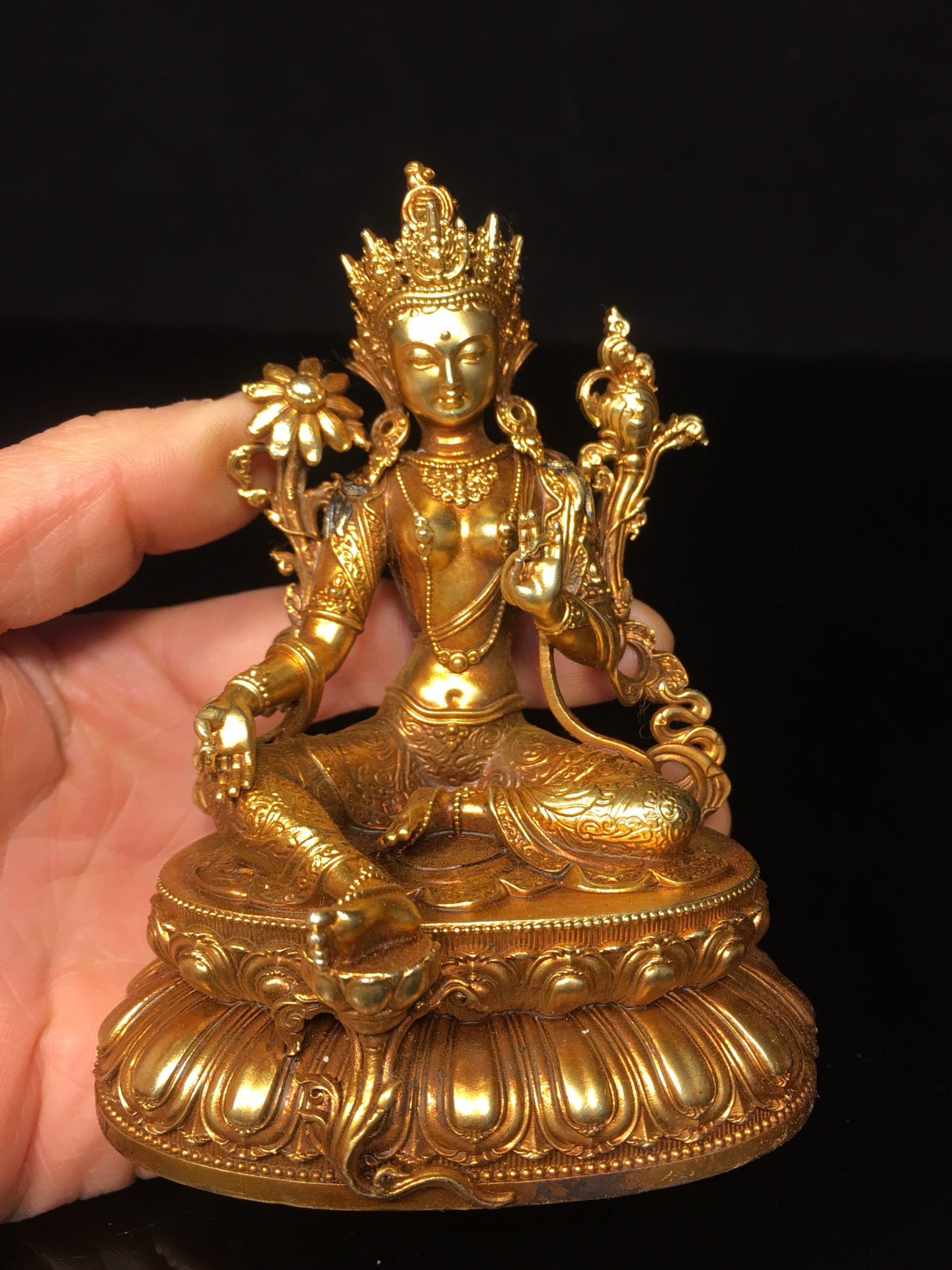 Chinese antique pure copper green Tara Buddha statue