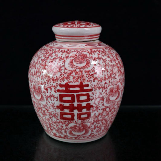 Glazed Double Happiness Red Entangled Lotus Pattern Cover Jar