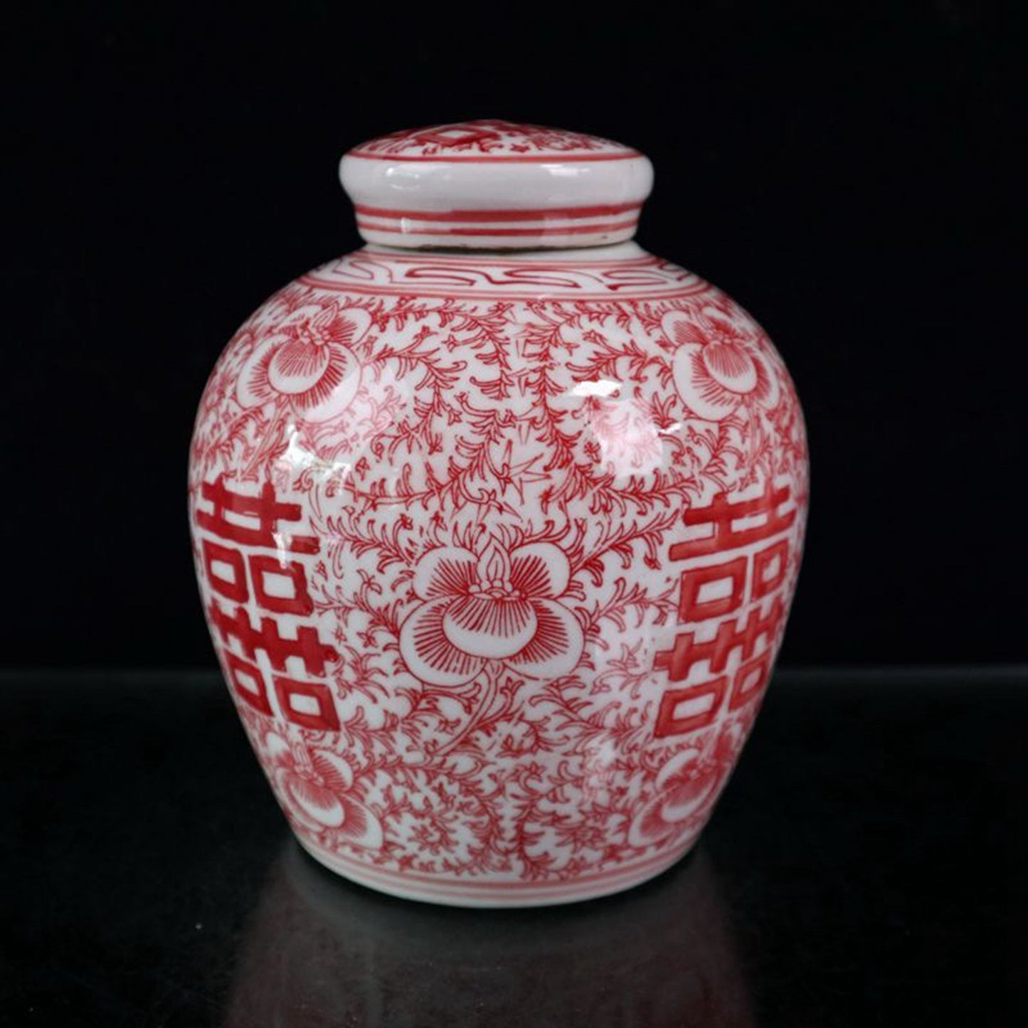Glazed Double Happiness Red Entangled Lotus Pattern Cover Jar