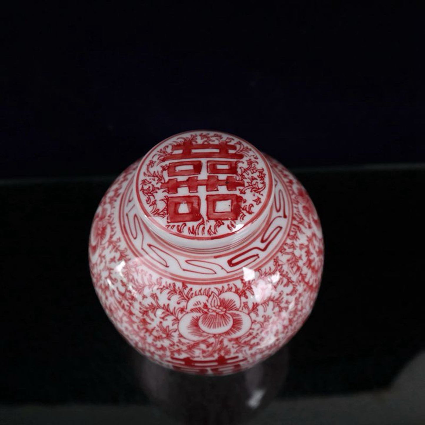 Glazed Double Happiness Red Entangled Lotus Pattern Cover Jar