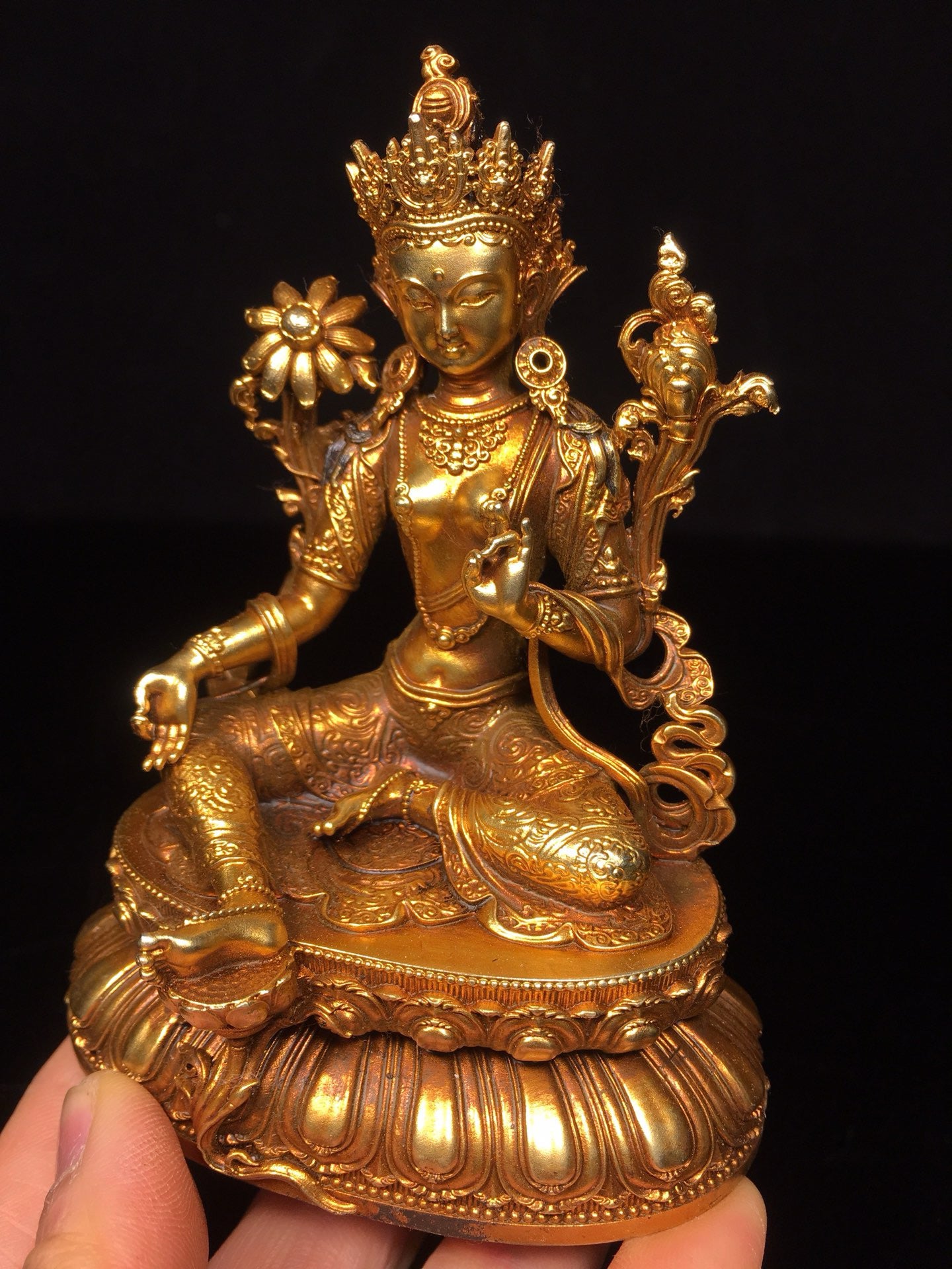 Chinese antique pure copper green Tara Buddha statue