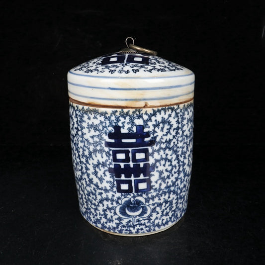 Ceramic Blue and White Double Happiness Tea Jar