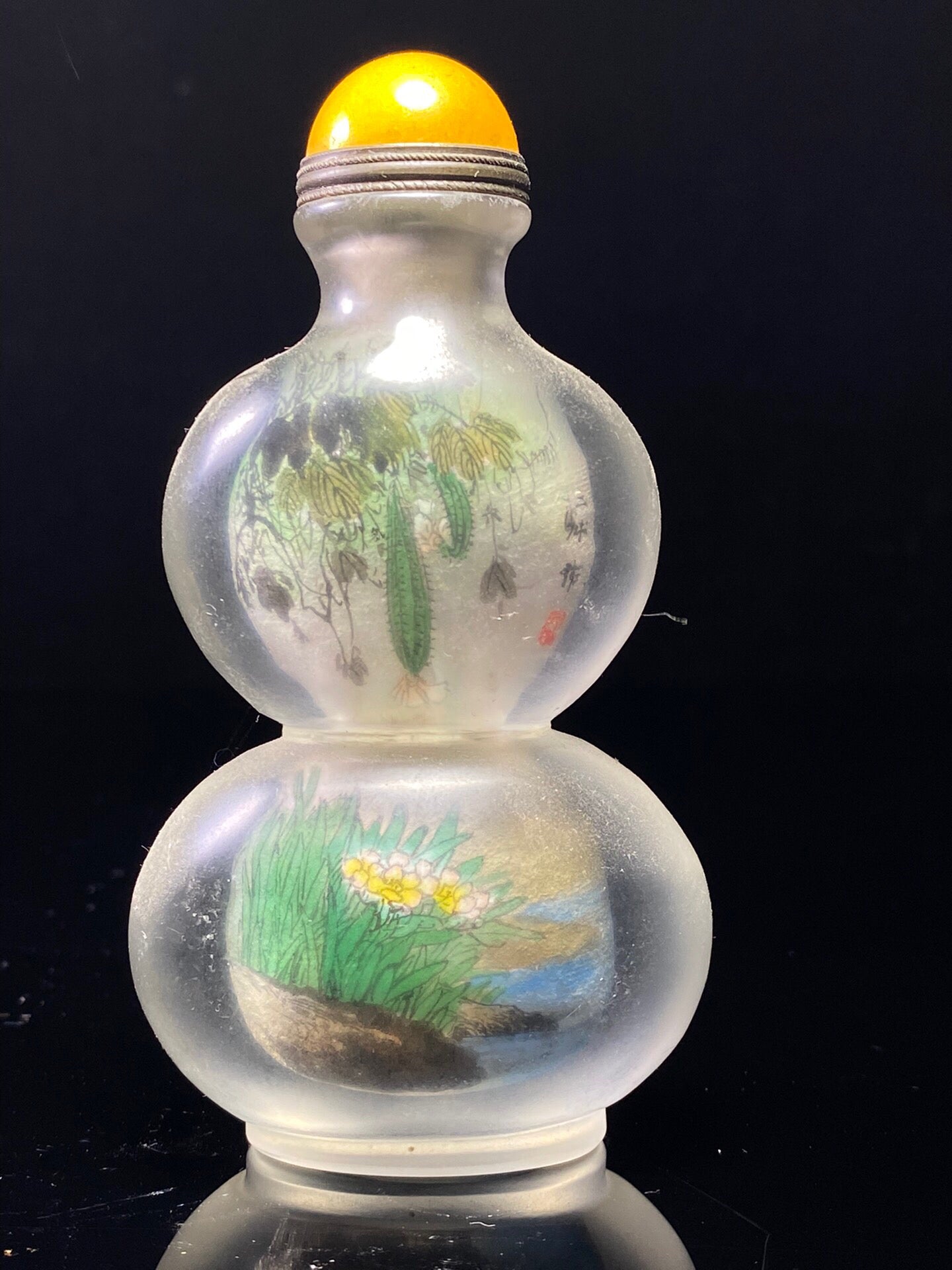 Chinese antique gourd shaped old glass inner painted snuff bottle