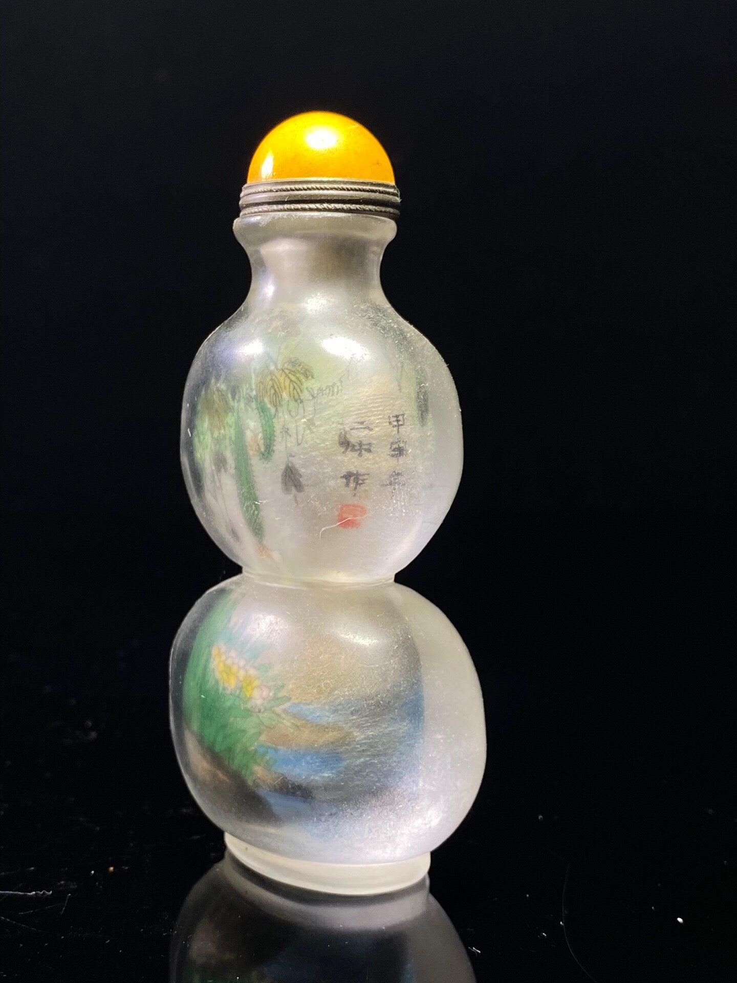 Chinese antique gourd shaped old glass inner painted snuff bottle