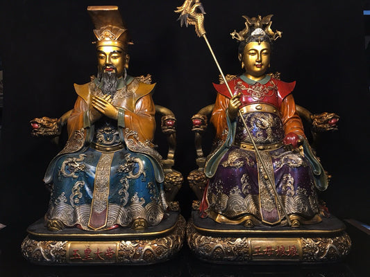 Chinese antique pure copper painted statue of Jade Emperor, Queen Mother, and Buddha