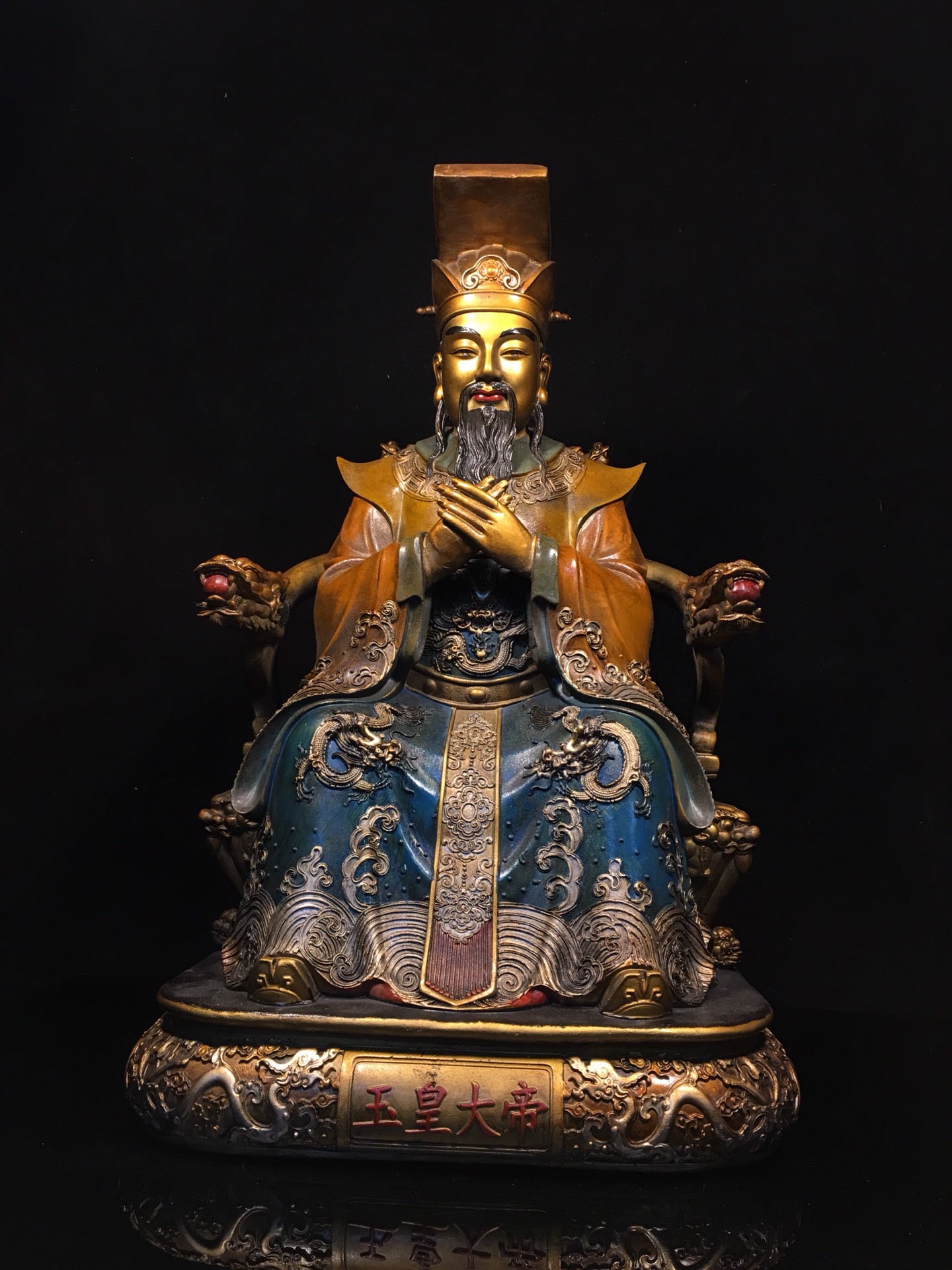 Chinese antique pure copper painted statue of Jade Emperor, Queen Mother, and Buddha