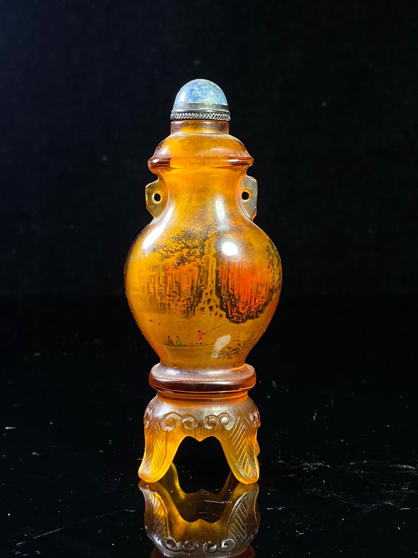Chinese antique amber colored old glass painted snuff bottle