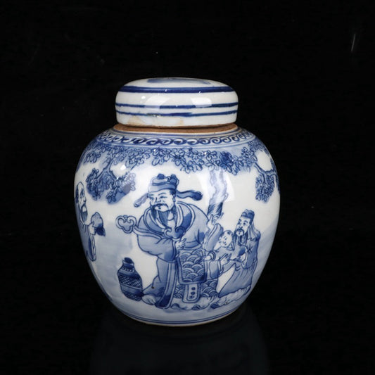 Ceramic blue and white three star patterned lid jar