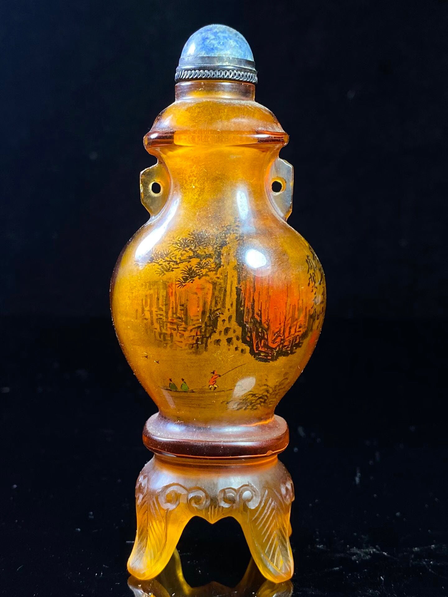 Chinese antique amber colored old glass painted snuff bottle