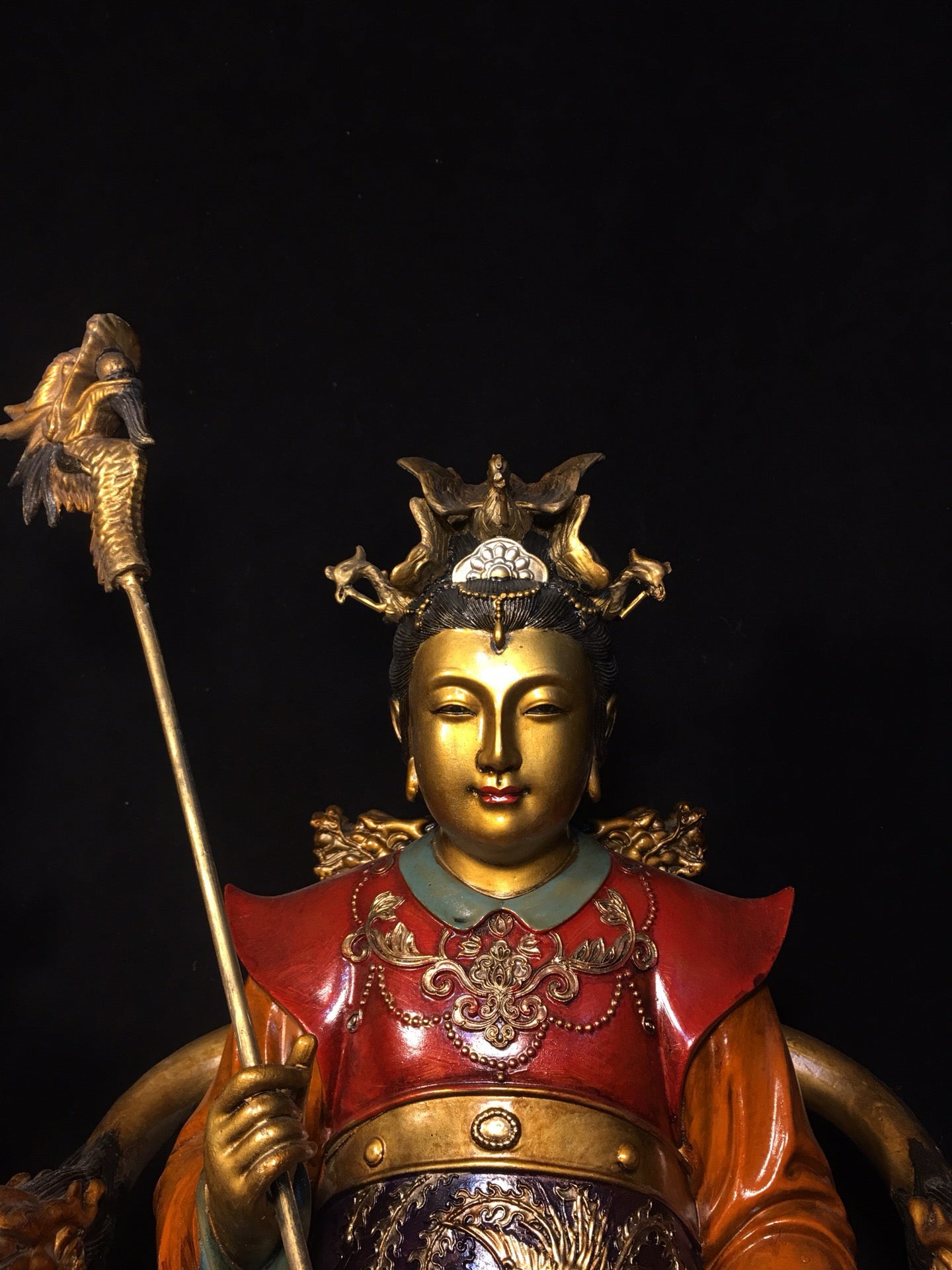 Chinese antique pure copper painted statue of Jade Emperor, Queen Mother, and Buddha