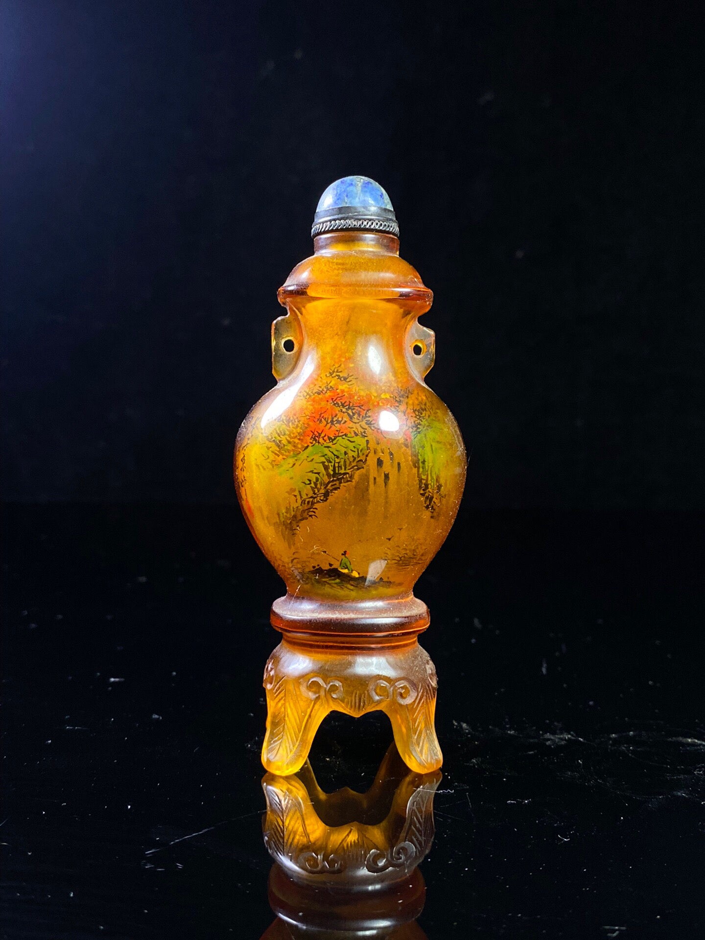 Chinese antique amber colored old glass painted snuff bottle