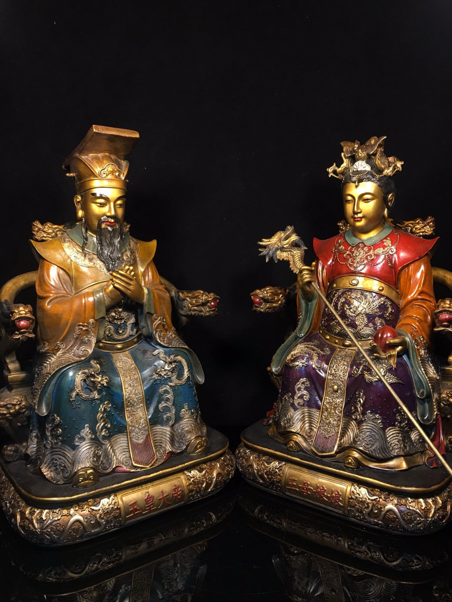 Chinese antique pure copper painted statue of Jade Emperor, Queen Mother, and Buddha