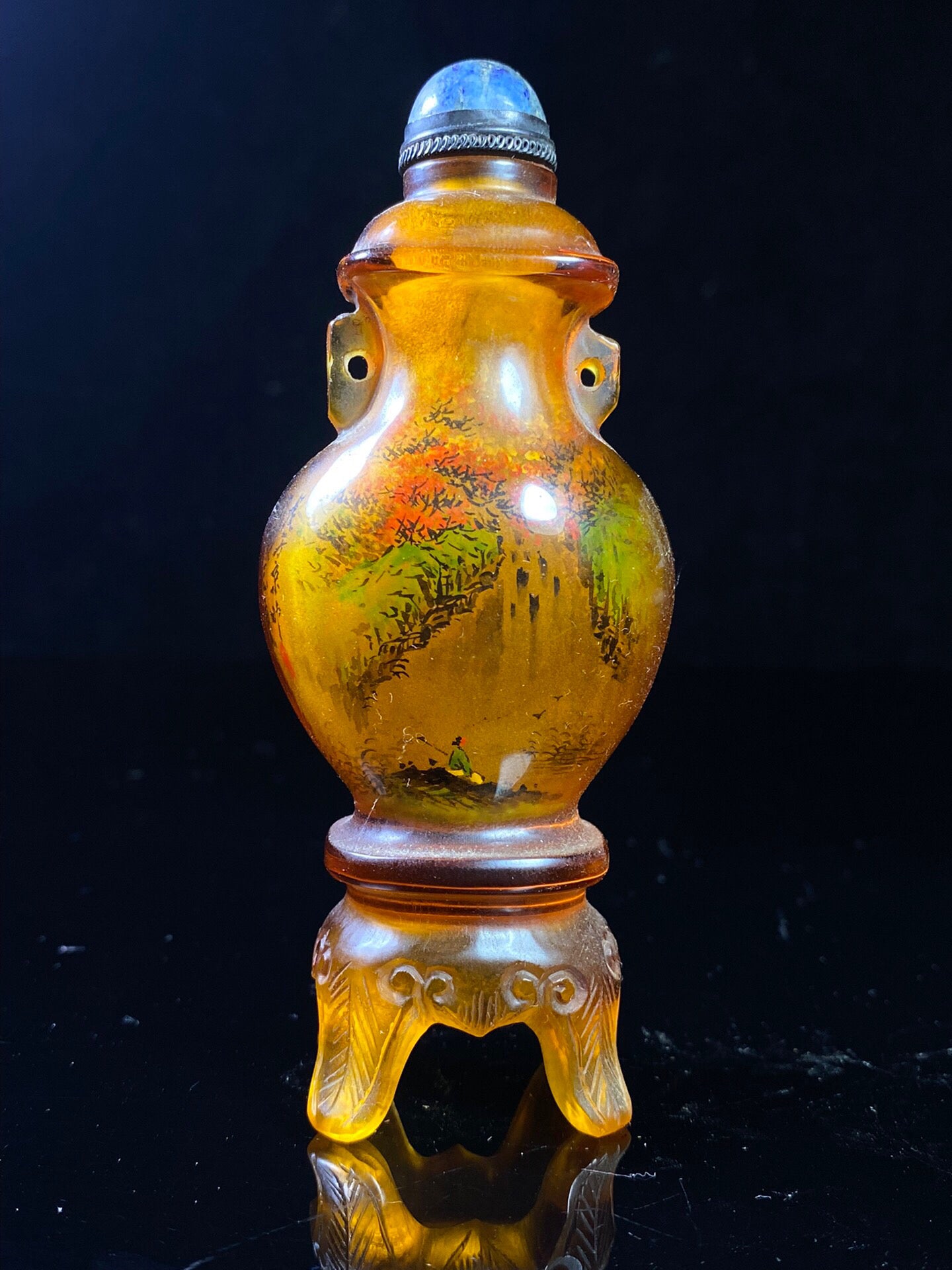 Chinese antique amber colored old glass painted snuff bottle