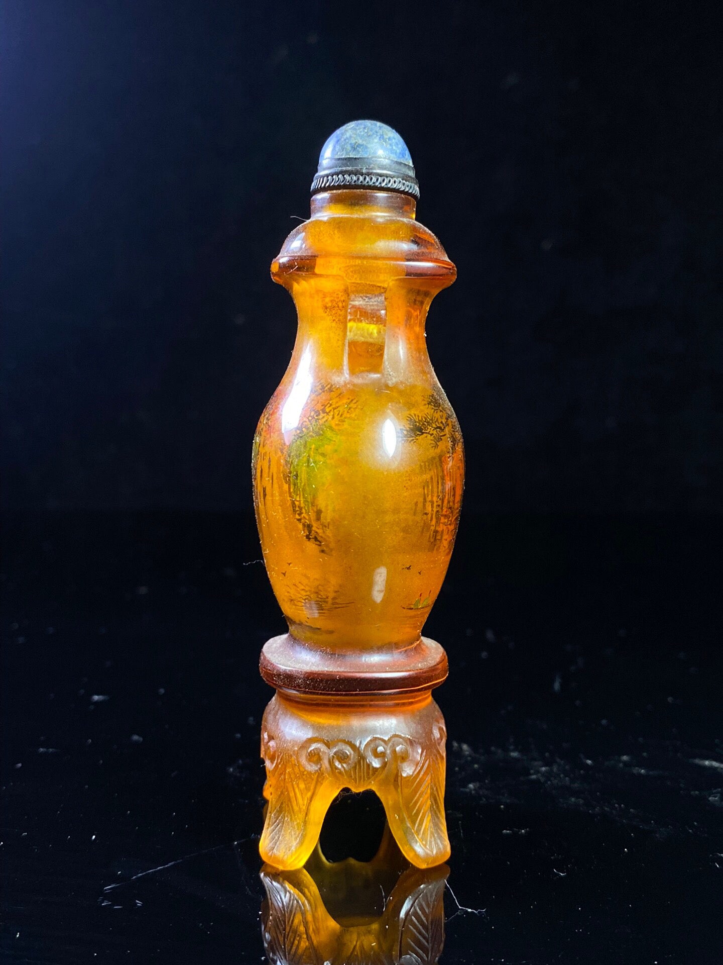 Chinese antique amber colored old glass painted snuff bottle