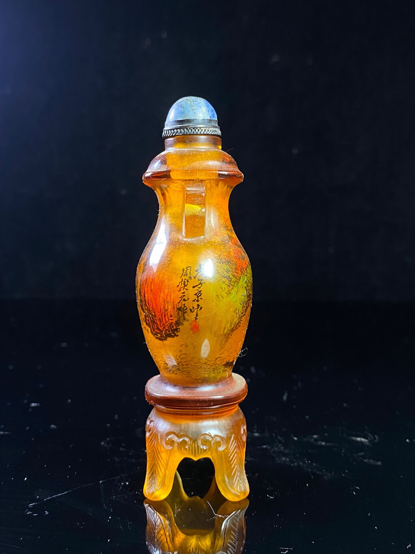 Chinese antique amber colored old glass painted snuff bottle