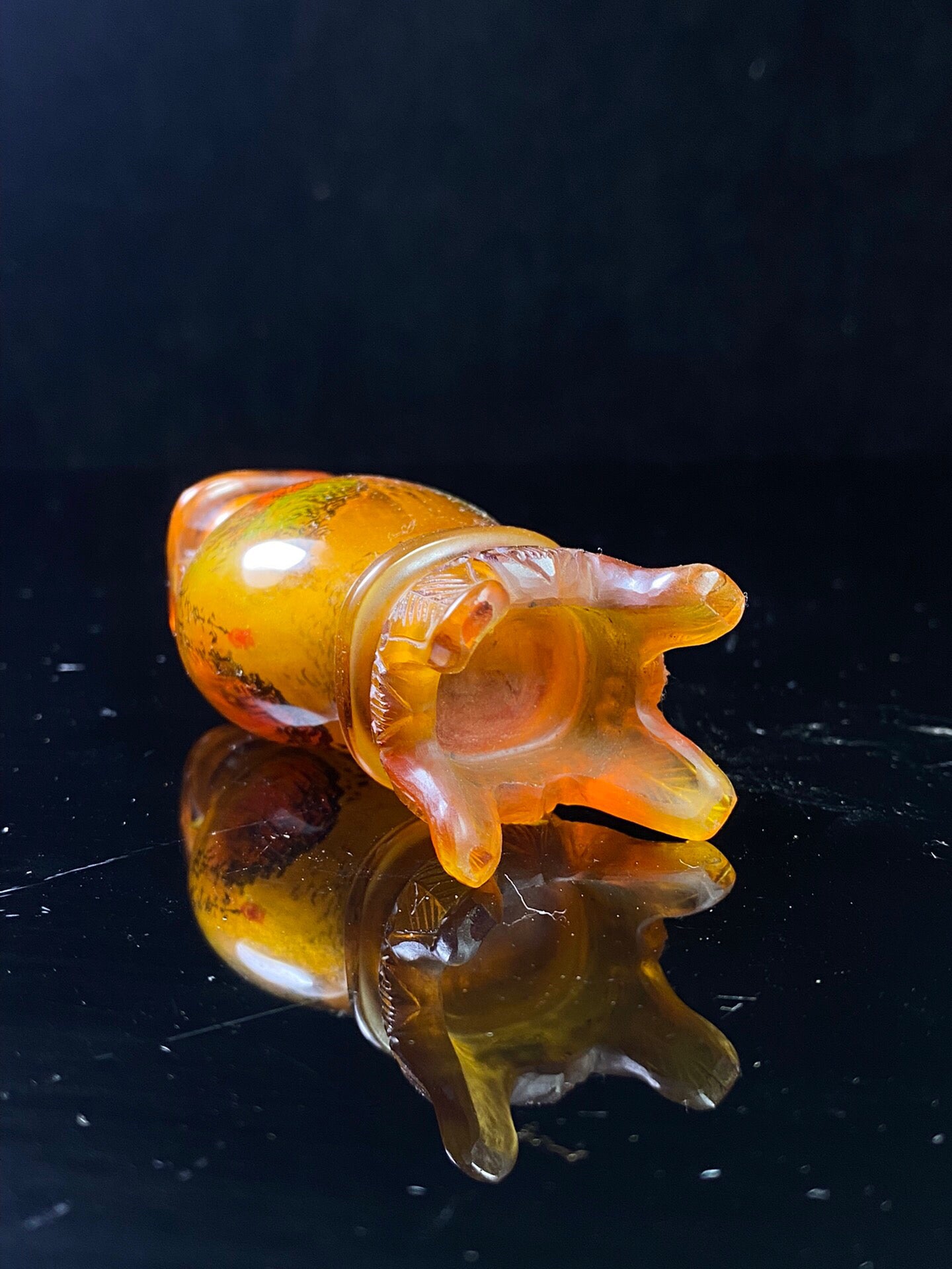 Chinese antique amber colored old glass painted snuff bottle