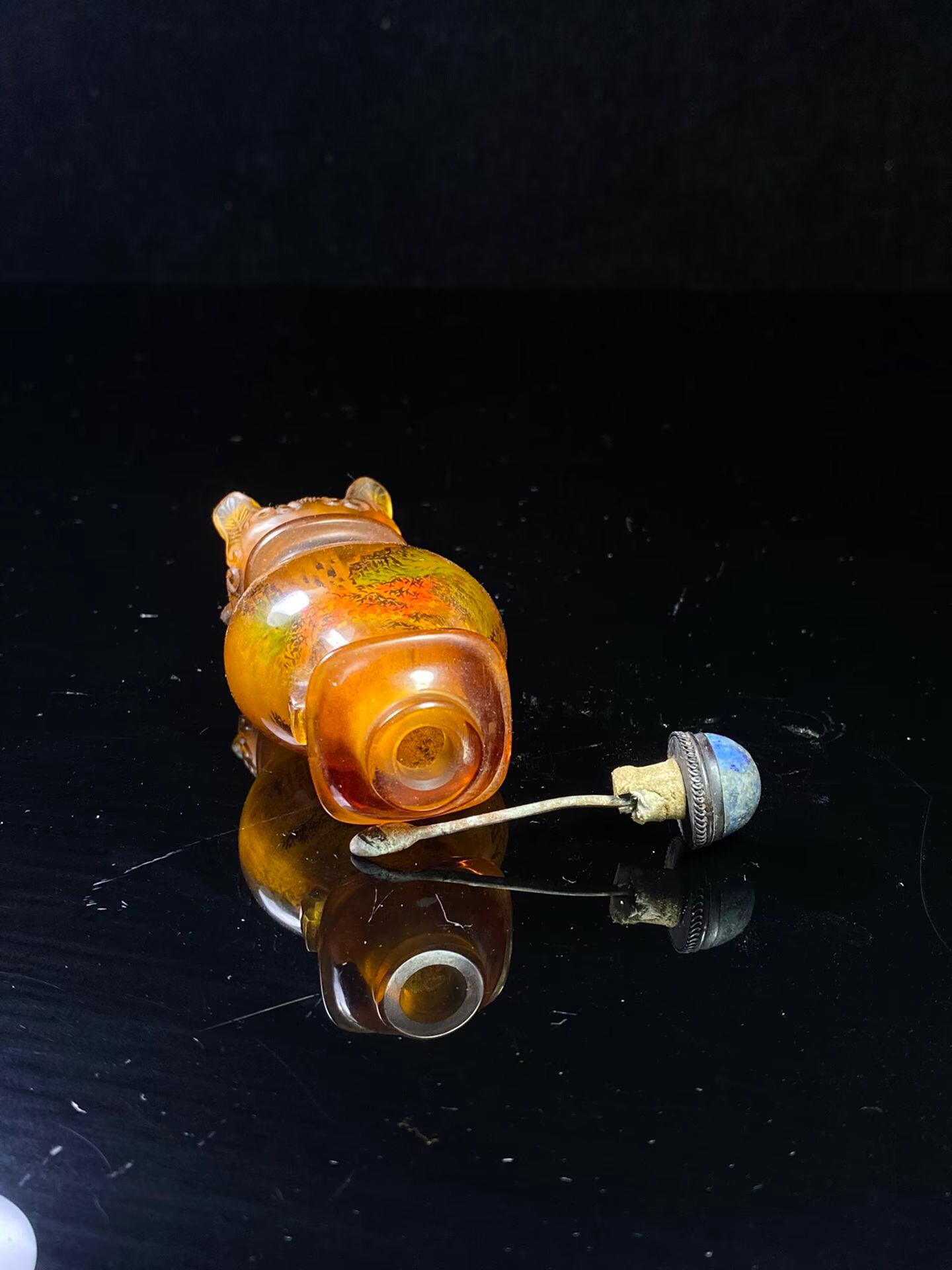Chinese antique amber colored old glass painted snuff bottle