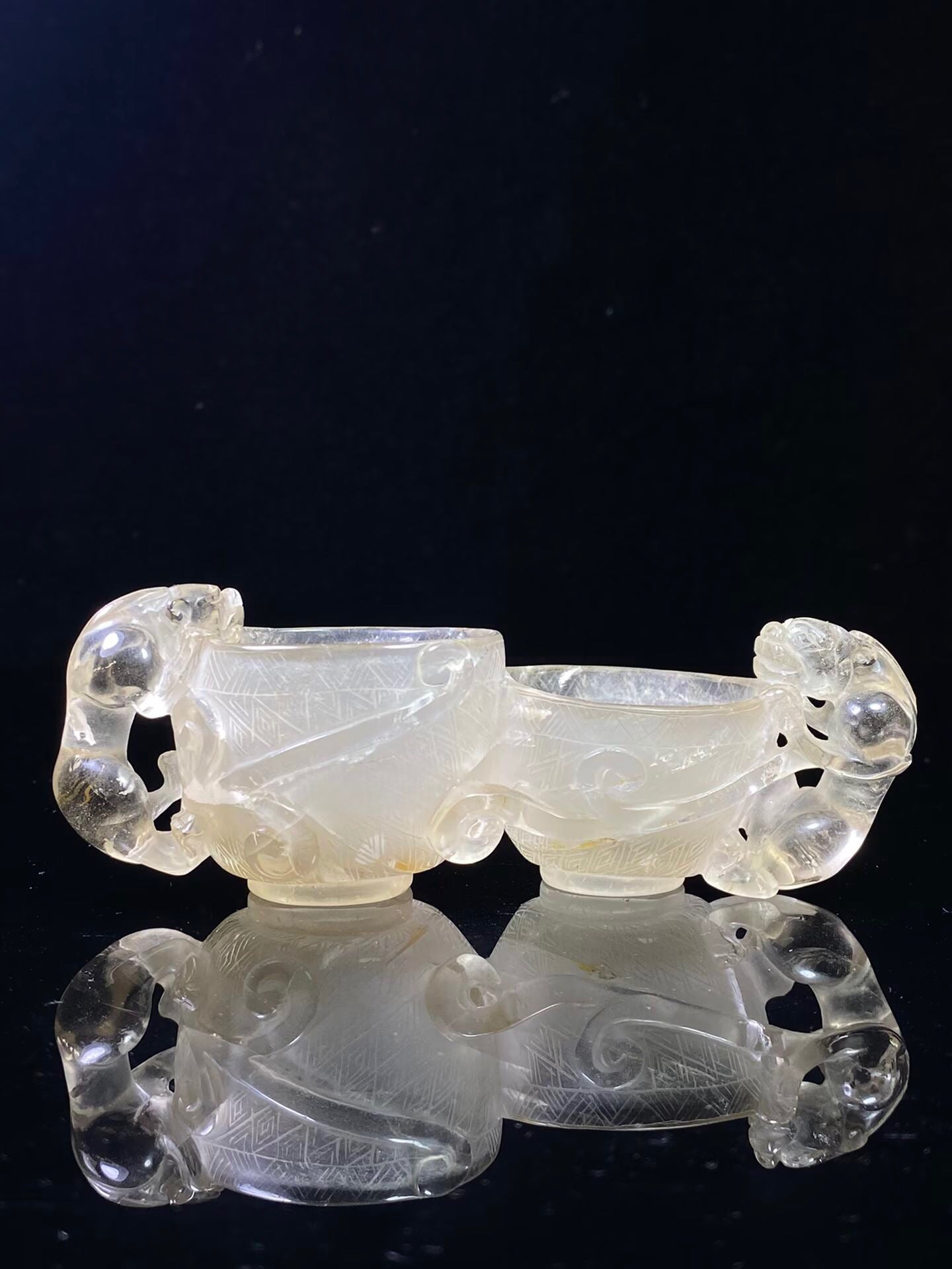 Chinese Antique Crystal Carving Chi Dragon Double Dragon Double Joint Pen Wash
