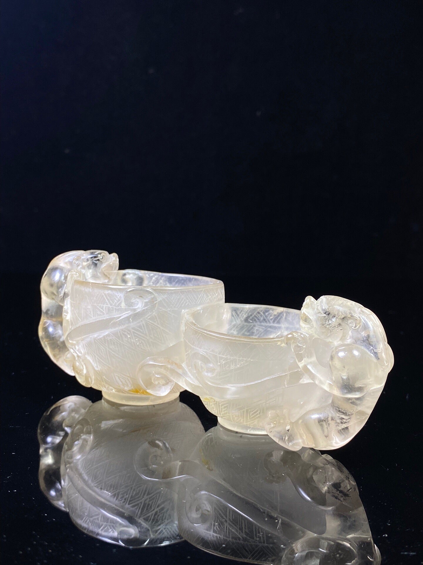 Chinese Antique Crystal Carving Chi Dragon Double Dragon Double Joint Pen Wash