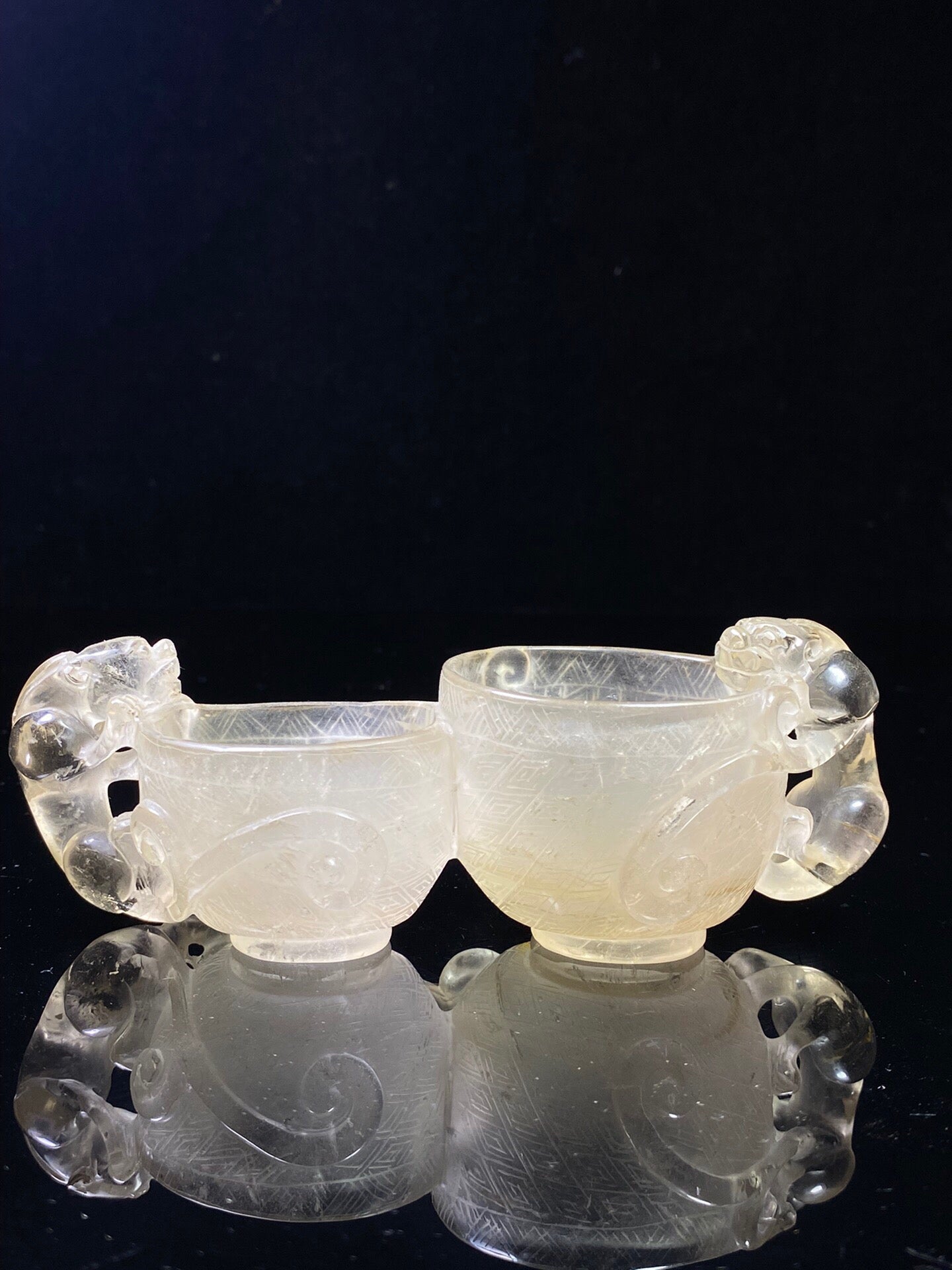 Chinese Antique Crystal Carving Chi Dragon Double Dragon Double Joint Pen Wash
