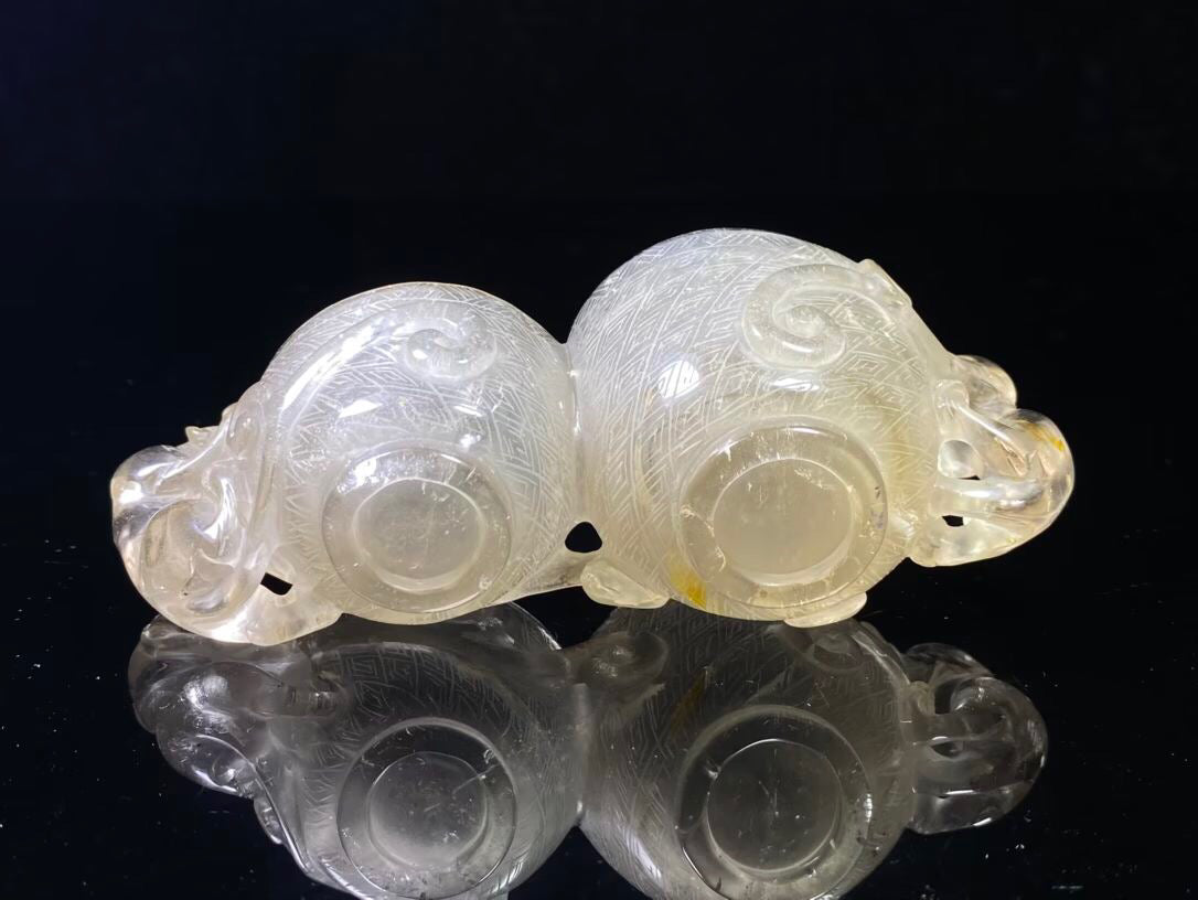 Chinese Antique Crystal Carving Chi Dragon Double Dragon Double Joint Pen Wash