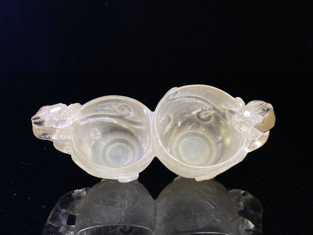 Chinese Antique Crystal Carving Chi Dragon Double Dragon Double Joint Pen Wash