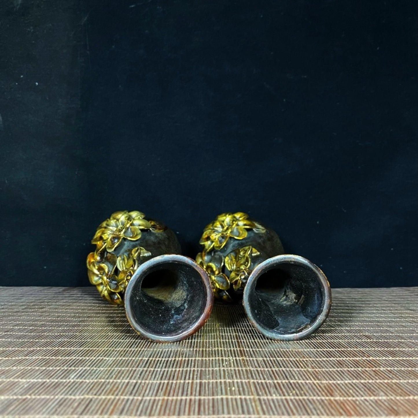 A pair of pure copper gilded high relief peony vases