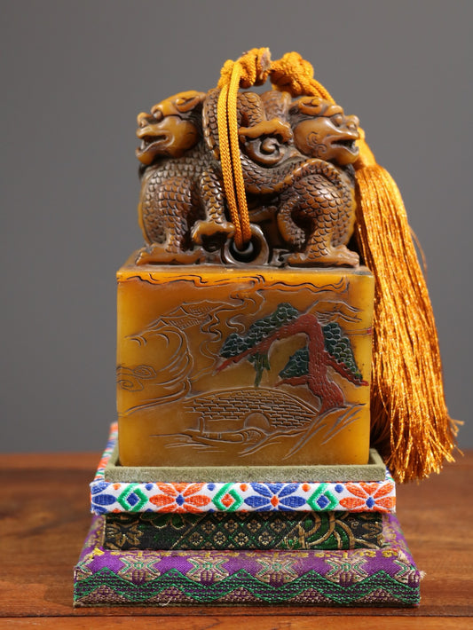 Tian Huang Shi Hard Material Malt Yellow Carved Divine Dragon Guardian Jade Seal