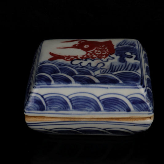 Ceramic blue and white glazed square printing box