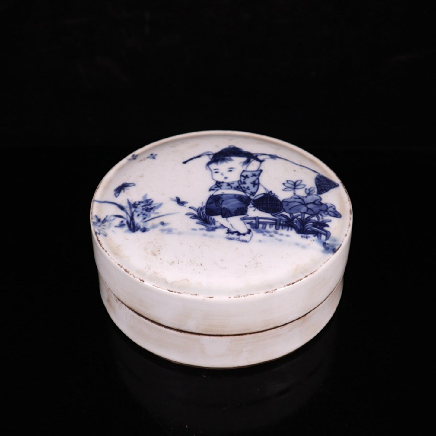 Ceramic blue and white glazed baby play picture printing box