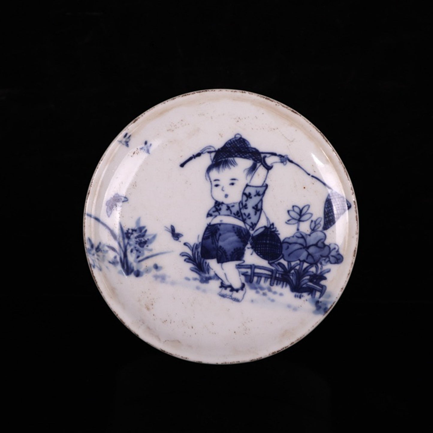 Ceramic blue and white glazed baby play picture printing box