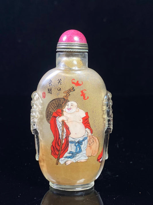 Chinese antique glass beast ear painting snuff bottle