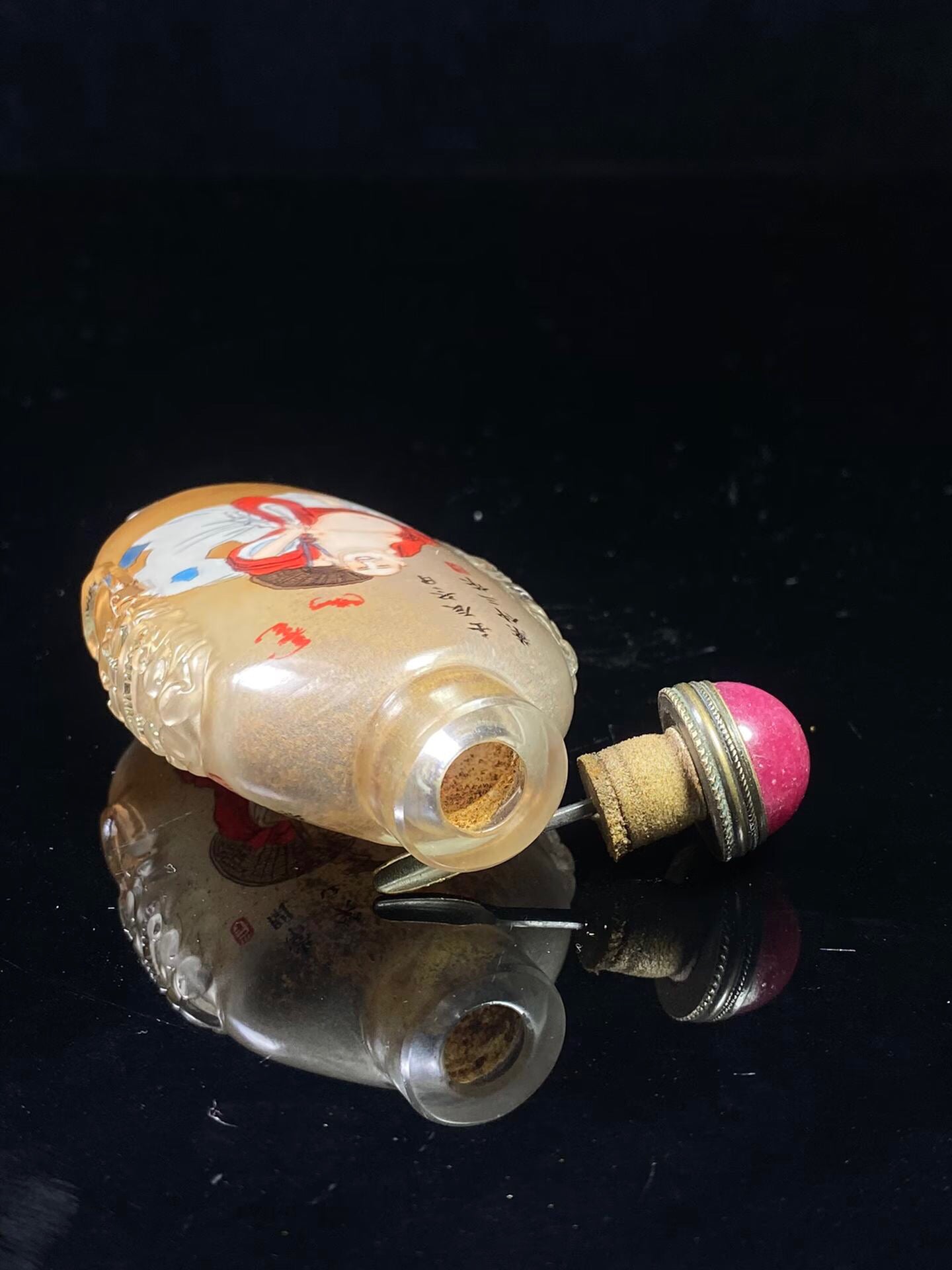Chinese antique glass beast ear painting snuff bottle