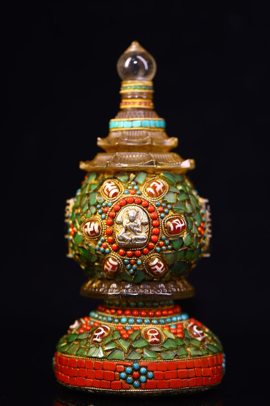 Crystal carving, inlaid with celestial beads, gemstone jar