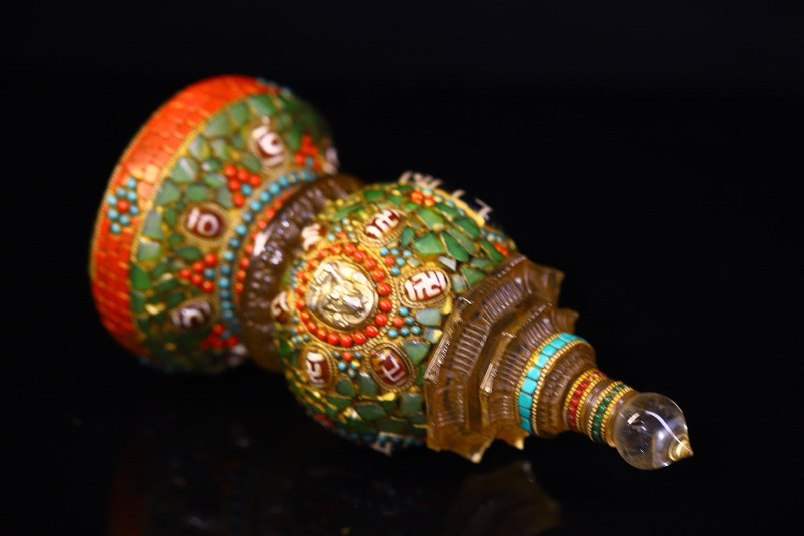 Crystal carving, inlaid with celestial beads, gemstone jar