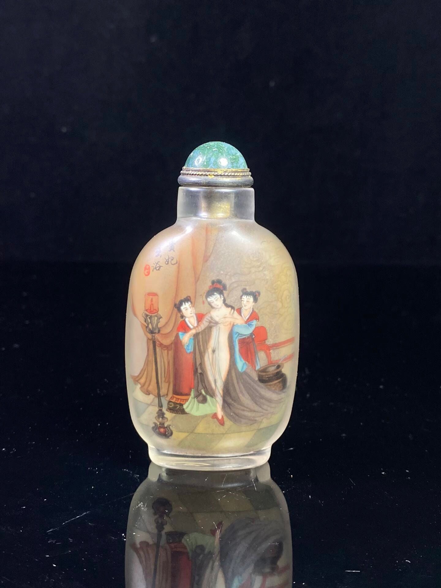 Chinese antique glass interior painting, painting of a noble consort taking a bath, snuff bottle
