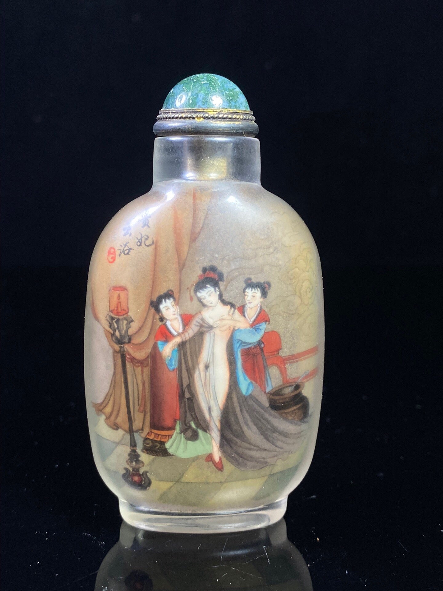 Chinese antique glass interior painting, painting of a noble consort taking a bath, snuff bottle